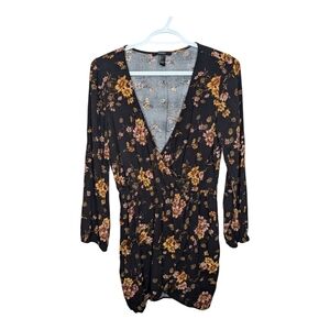 Forever 21 Long Sleeve Floral Wrap Dress Women’s Size Large Black and Yellow